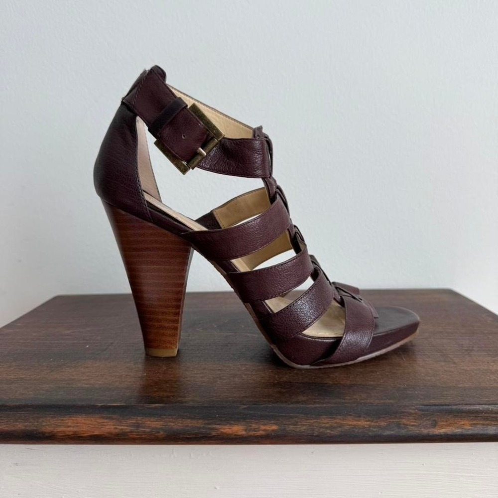 Chocolate brown strappy cut out heel size 7 leather gladiator peep toe corset - Picture 2 of 7